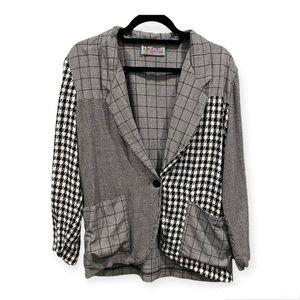 Vintage Lasting Impressions Mixed Media Plaid Houndstooth Relaxed Blazer Pockets